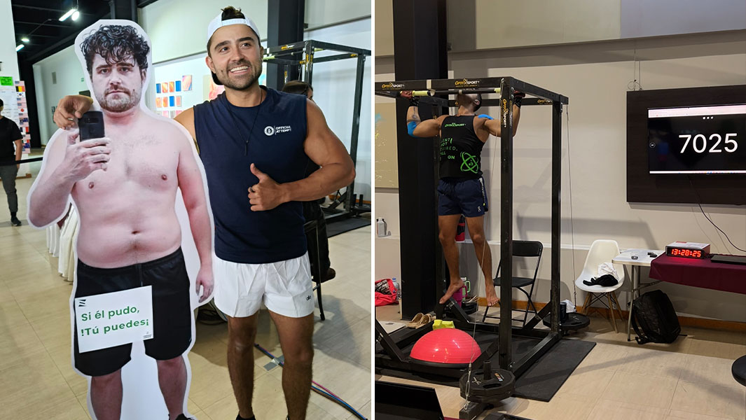 Split image of Enrique with a cutout of himself, and completing a pull up