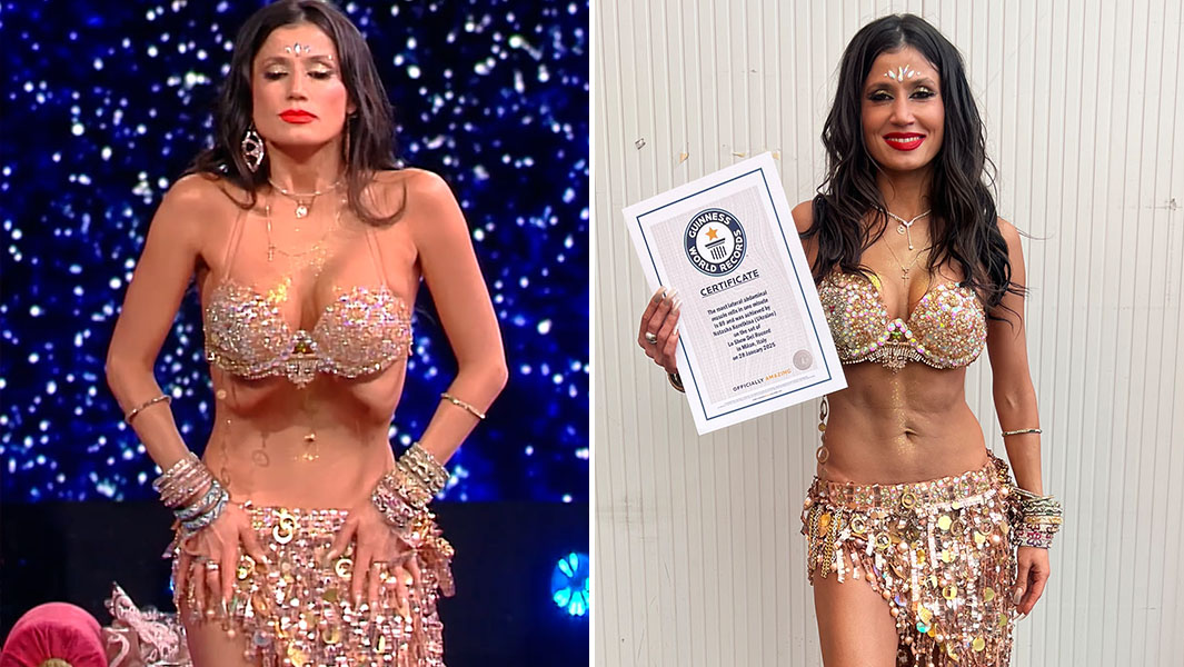 split image of Natasha on stage and with her certificate
