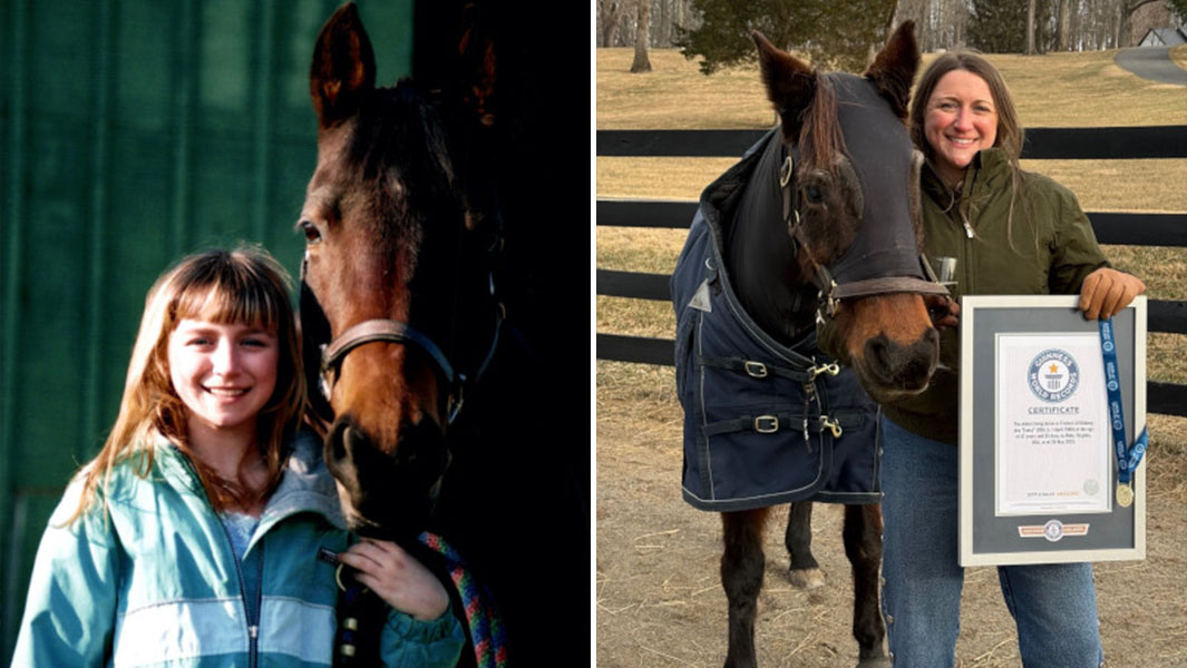 Split image of Fancy and Paige while young, and currently