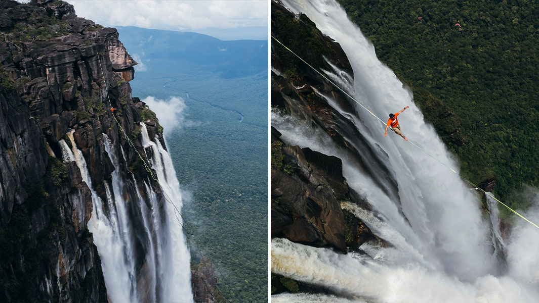 split image of people walking the slackline over the tallest waterfall