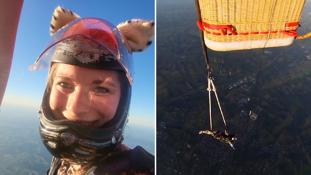 split image of Marlene looking at the camera and during her trapeze act