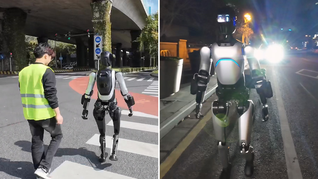 split image of robot walking along the street
