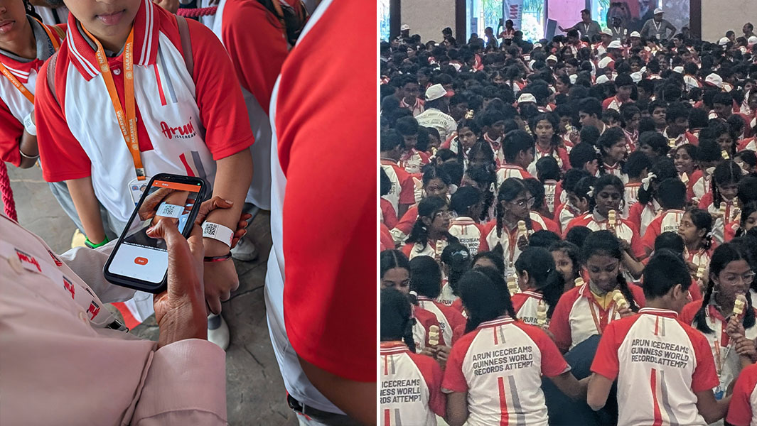 split image of people scanning in eating their ice cream