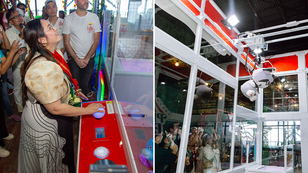 split image of someone playing the largest claw machine