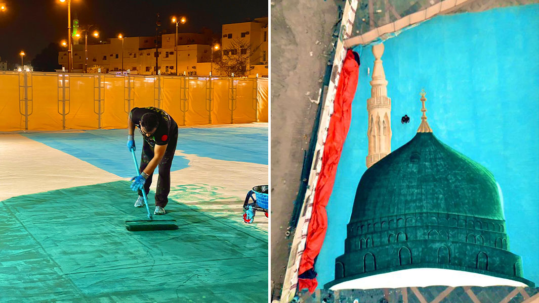 split image of Zakir working on the oil painting and the finished work