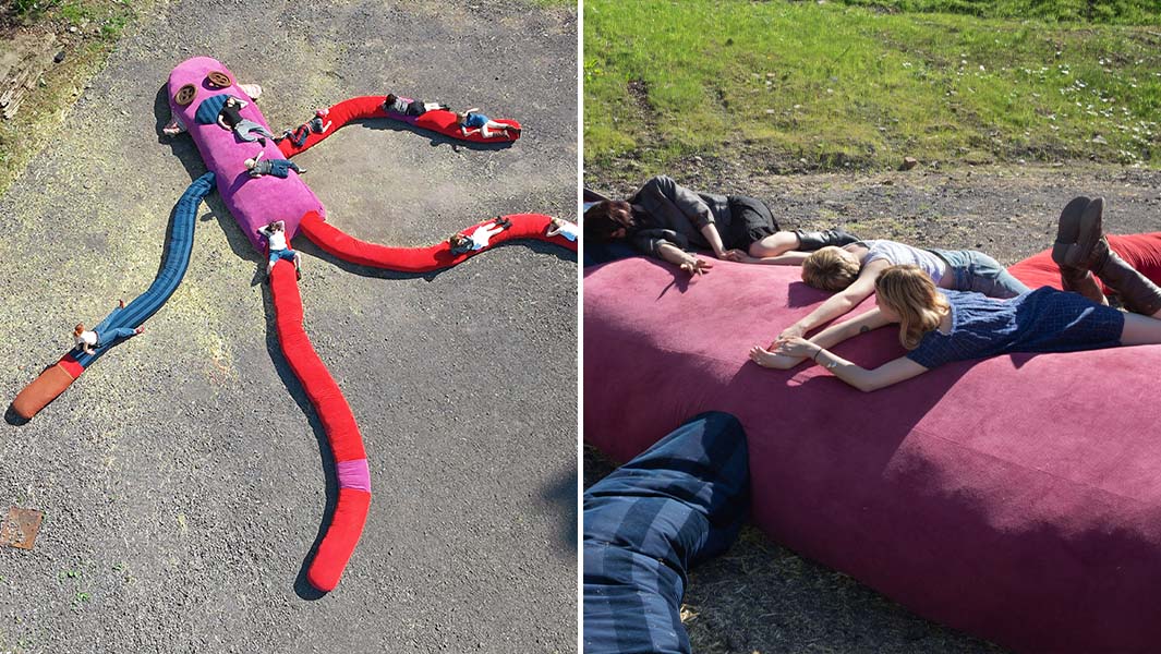 Snuggle up to this: Student sculptor makes the largest sock monkey sculpture