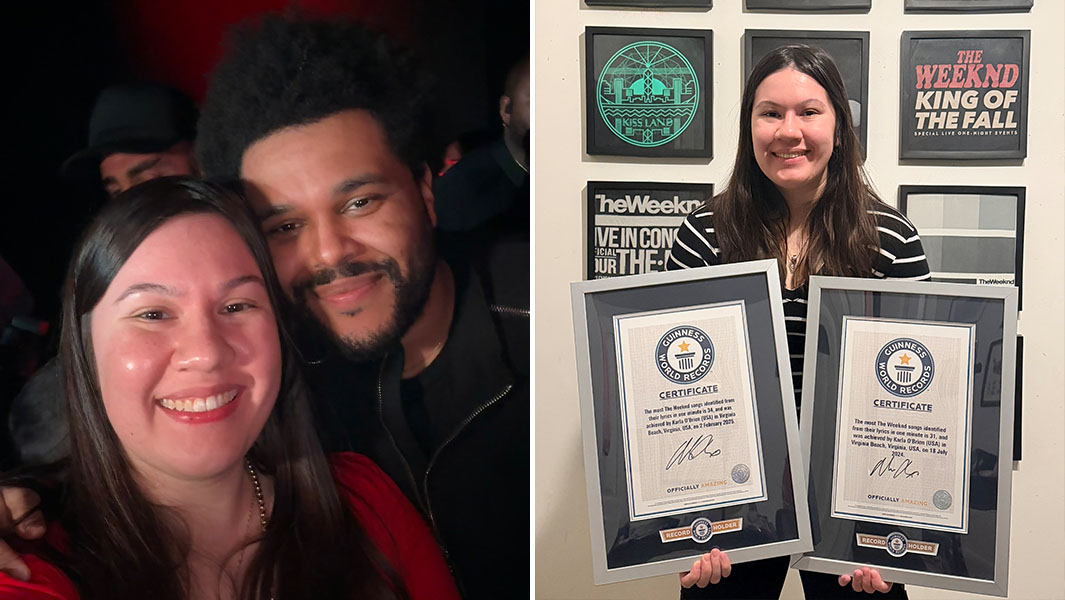 split image of Karla with The Weeknd and her signed GWR certificates