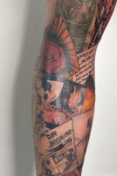 arm sleeve of Metallica tattoos