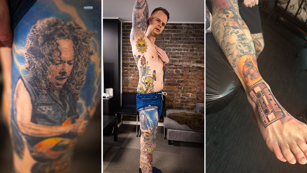 split image of Tom and some of his tattoos