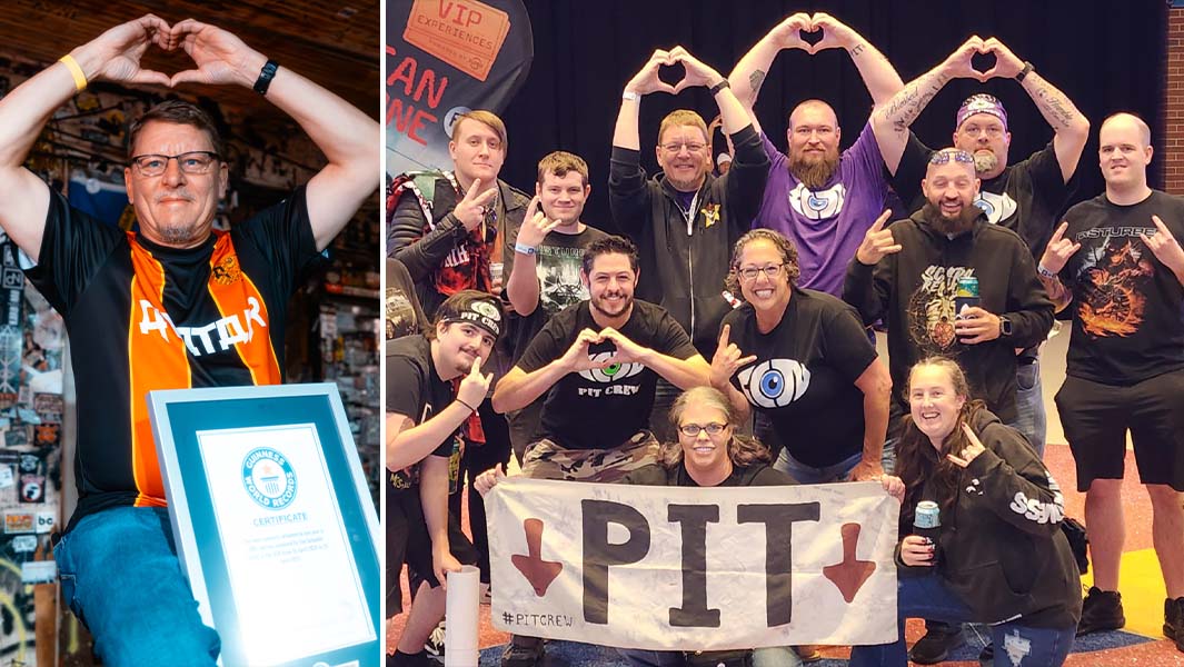 Split image of Tim holding his certificate and his PIT crew family