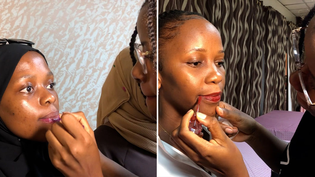 split image of Zaina applying lipstick on two women