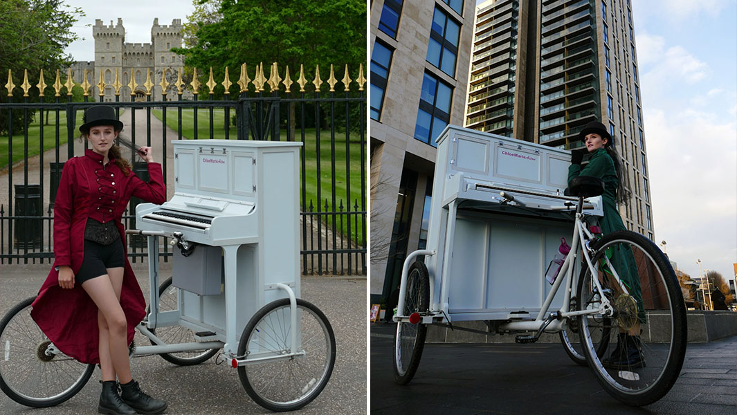 split image of Chloe with her piano bike