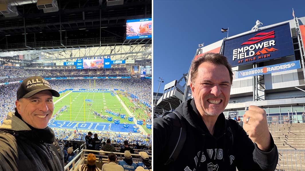 Split image of Brian at multiple stadiums