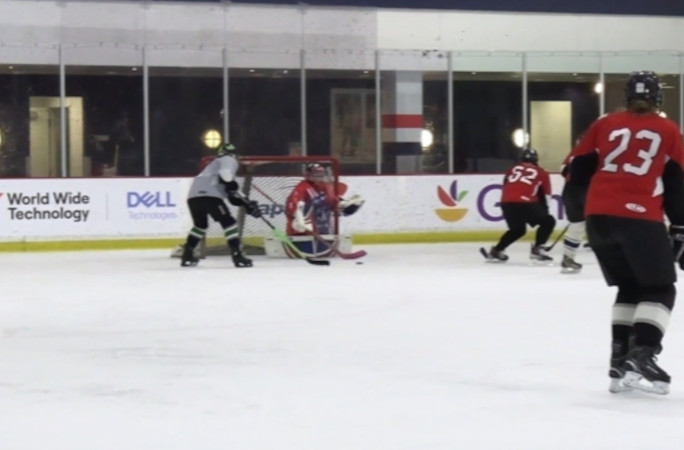 Linda making a backhand shot on the net