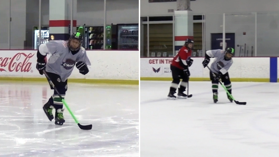 Split image of Linda playing hockey