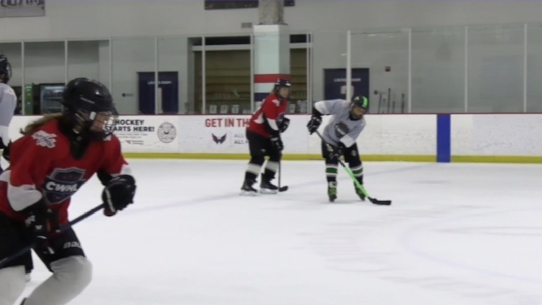 Split image of Linda playing hockey