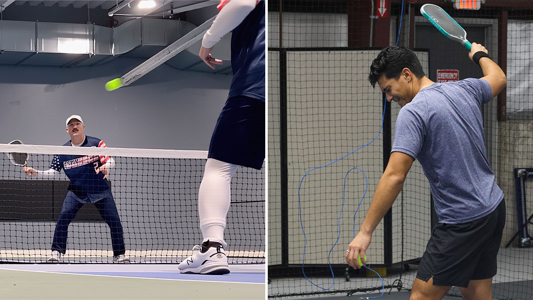 Split image of the Rossetti twins playing pickleball and a player making a serve