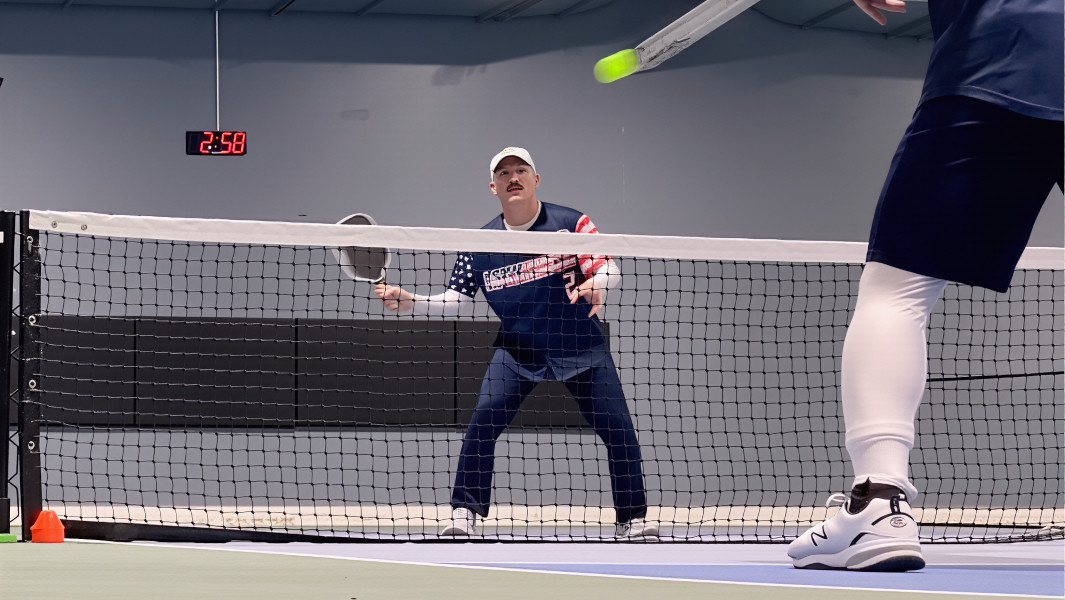 Split image of the Rossetti twins playing pickleball and a player making a serve