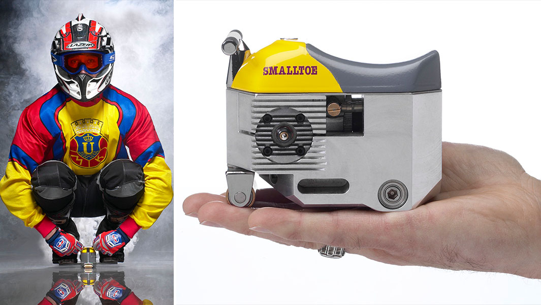 split image of rider on the smallest motorcyle and it being held in someone's hand