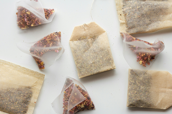 Teabags on white background with different shapes