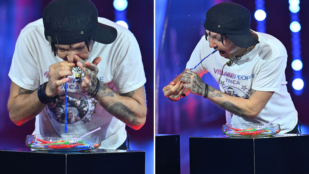 split image of man pulling a balloon up his nose and out his mouth