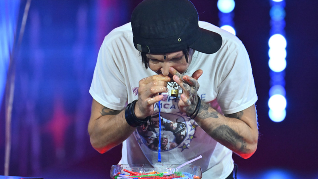 split image of man pulling a balloon up his nose and out his mouth