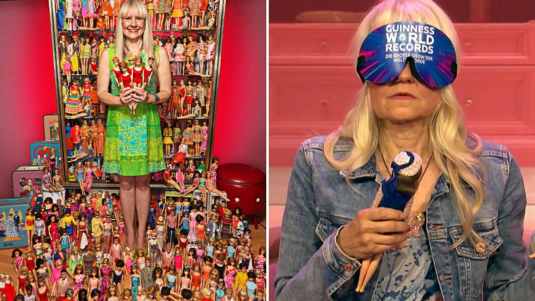 split image of Bettina with her collection and identifying Barbies blindfolded
