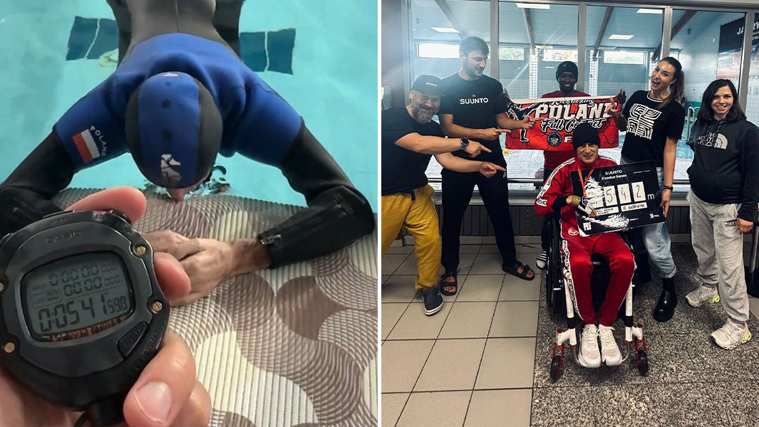 split image of Sebastian holding his breath underwater and celebrating