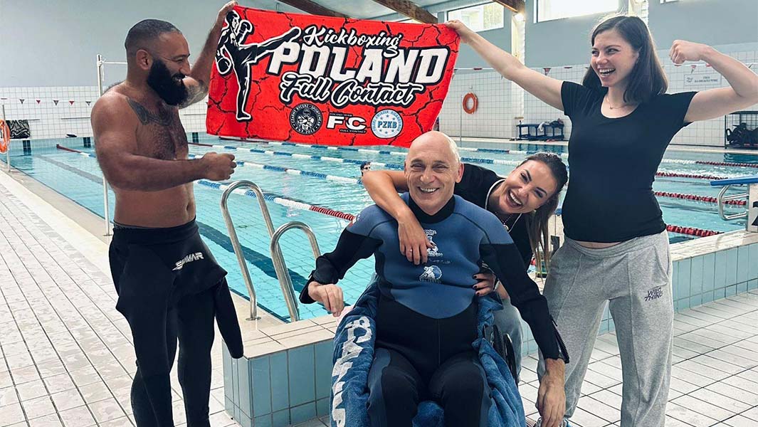 split image of Sebastian holding his breath underwater and celebrating