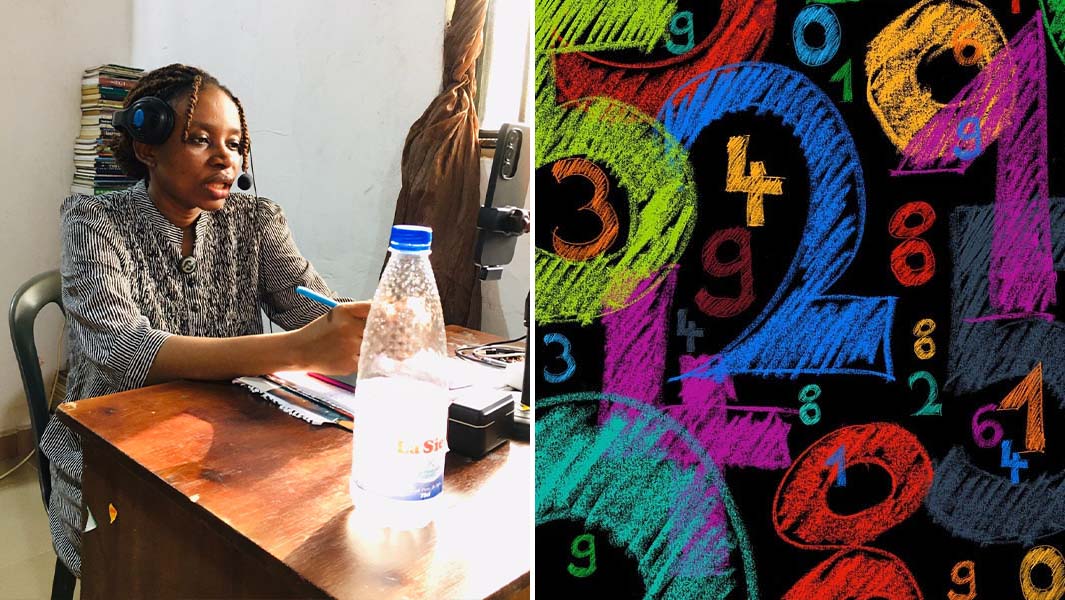 Split screen of Favour counting and colourful numbers  