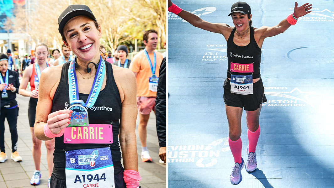 Split image of Carrie with her medal and Carrie crossing the finish line