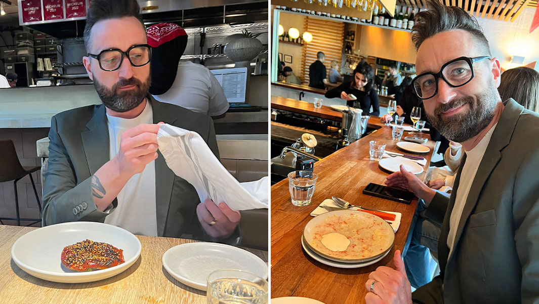 Josh trying food at two Michelin restaurants