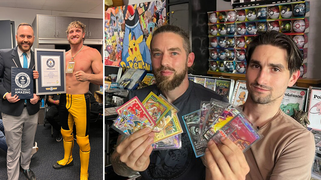 Logan Paul with his GWR certificate and record-breaking Pokémon and brothers Owen and Conner holding their Pokémon trading cards