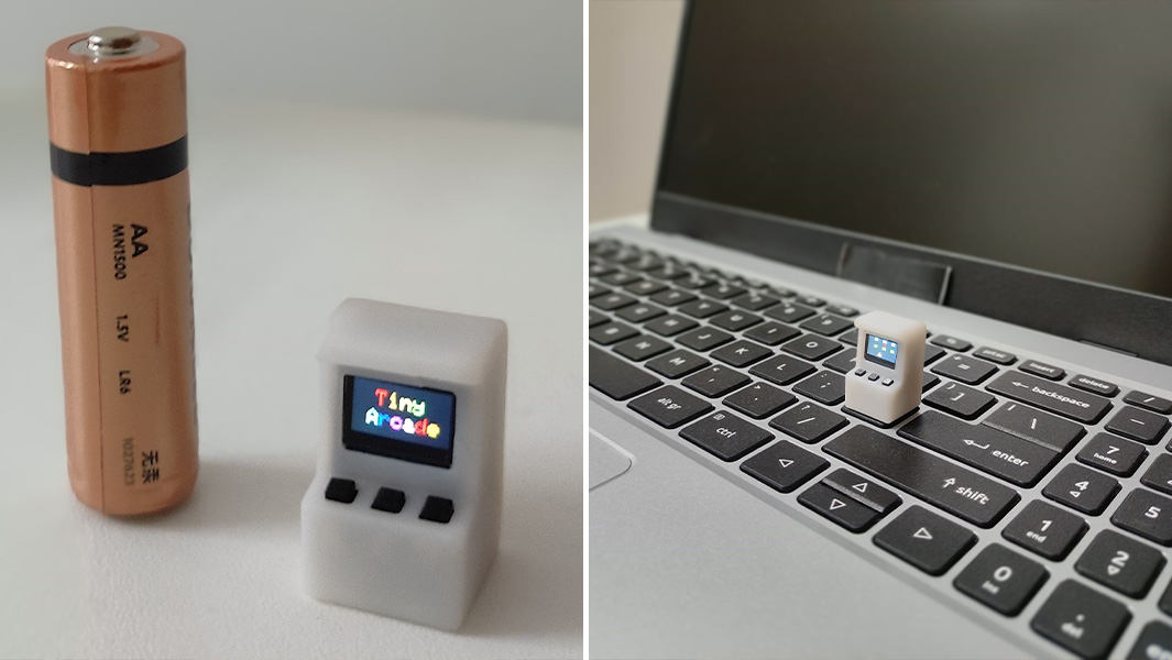 split image of smallest arcade machine next to a battery and on a laptop
