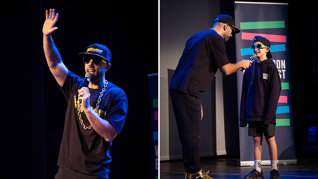 split image MC Grammar alone on stage and with kid