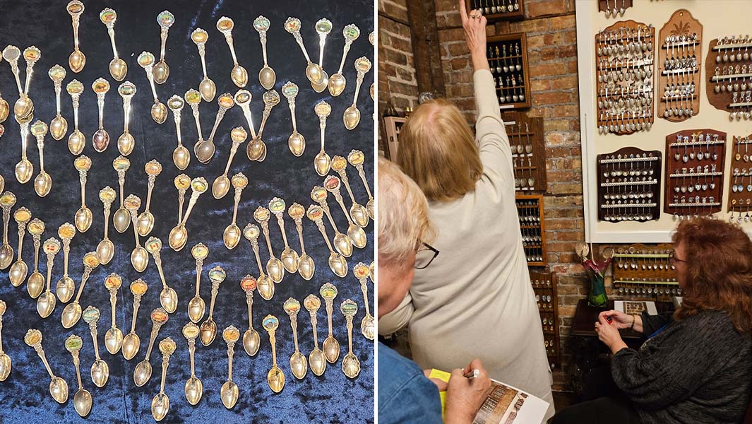 Split image of ladies looking at spoons, and Camellia's spoon collection
