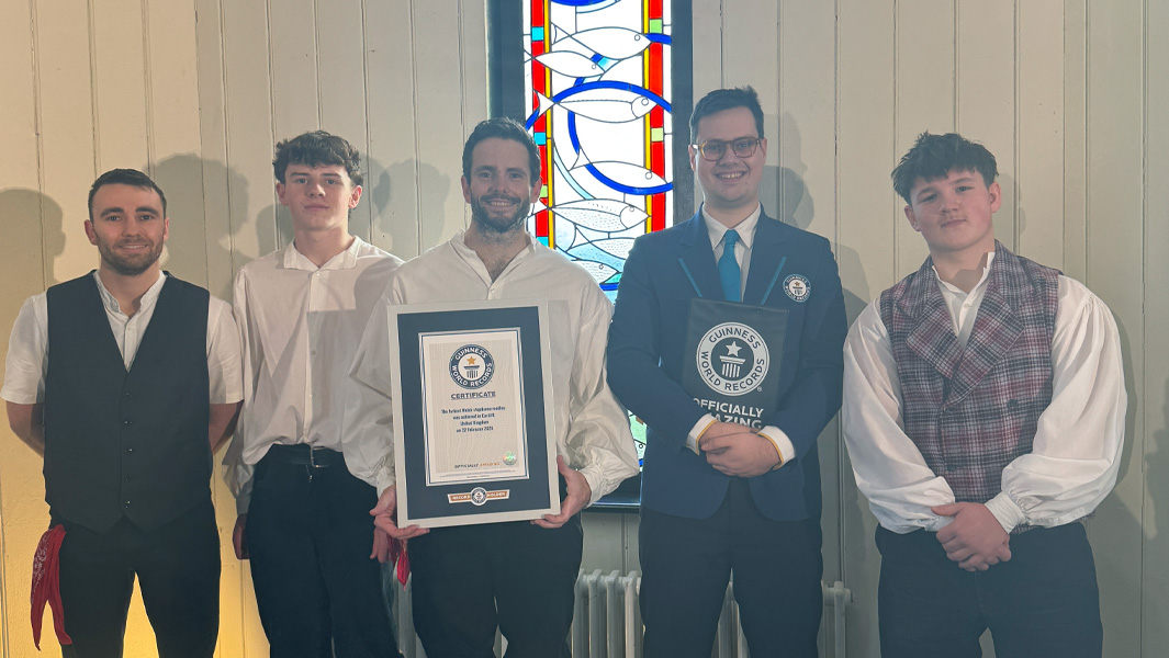 Split image of competitors who participated in the stepdance medley and an image of Tudur Phillips jumping over a handkerchief