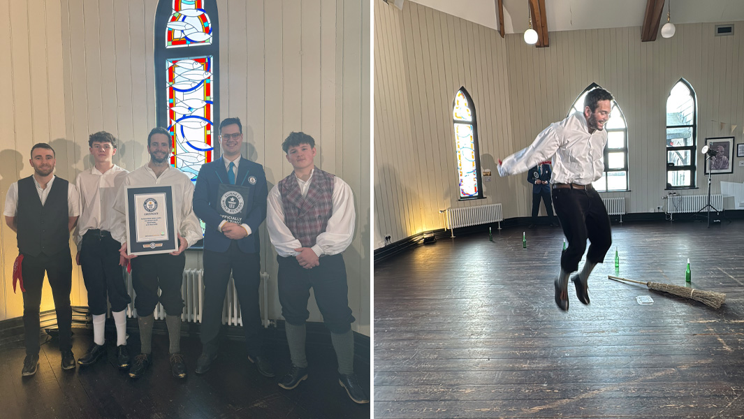 Split image of competitors who participated in the stepdance medley and an image of Tudur Phillips jumping over a handkerchief