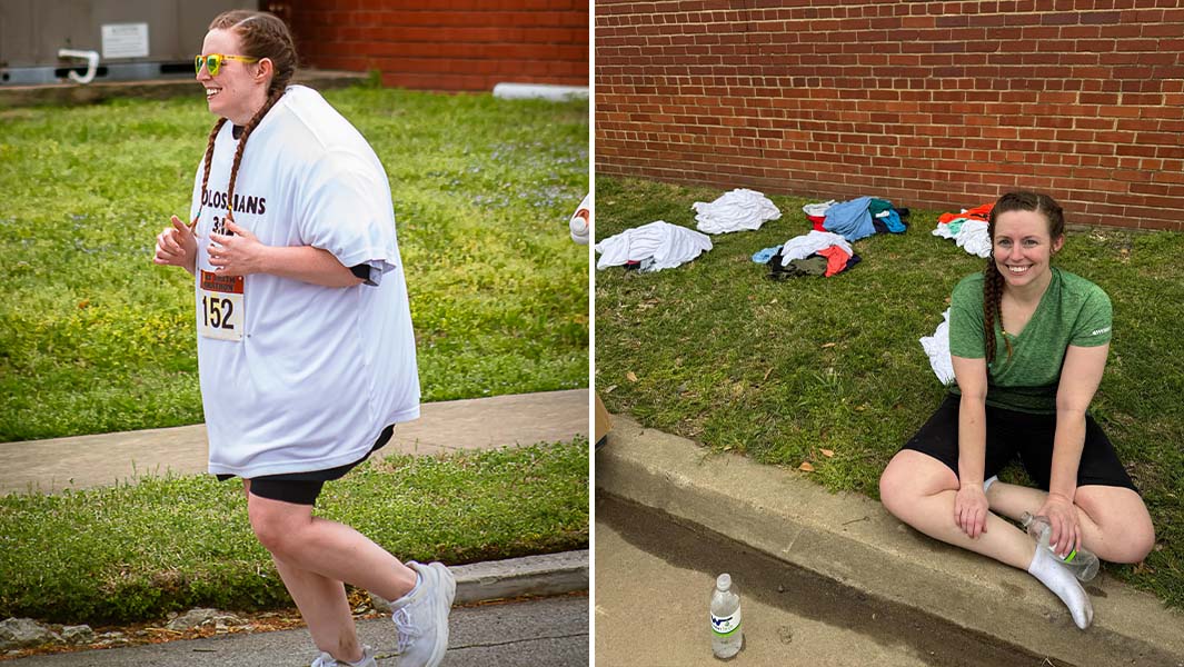 Split image of Meredith running with her t-shirts and after the race