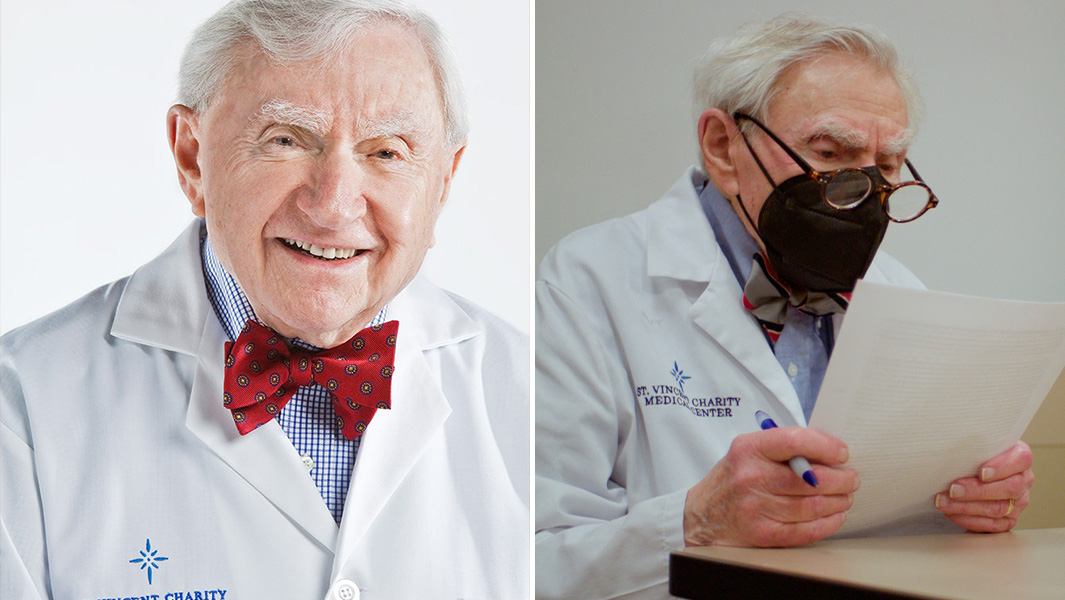 headshot of Dr Howard Tucker and an image of him working at his desk