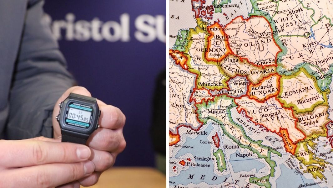 A split image of a hand with a stopwatch; a European map