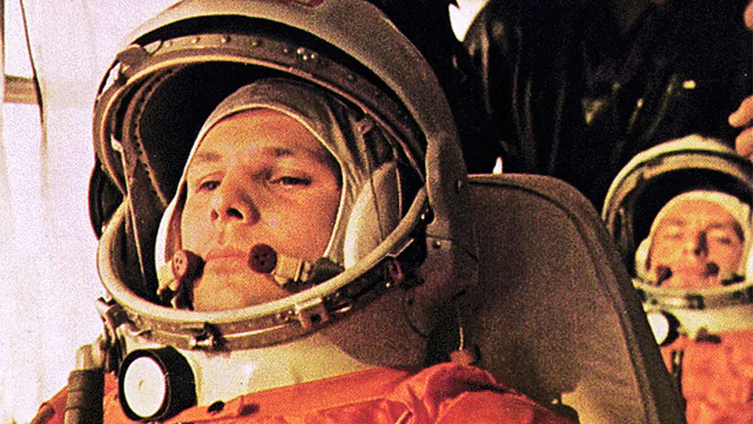 Yuri Gagarin, pilot of the Vostok 1, on the bus on the way to the launch
