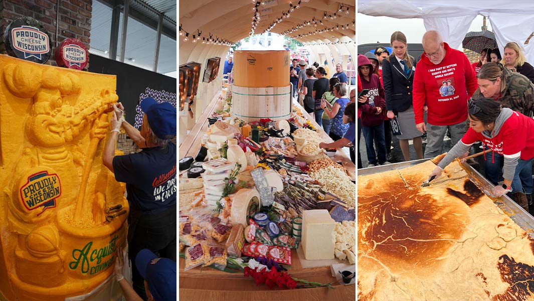 Split image of the grilled cheese, cheese sculpture, and charcuterie board 