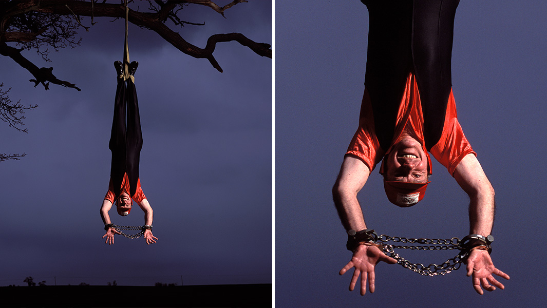Split image of Nick Janson hanging upside down with his hands cuffed