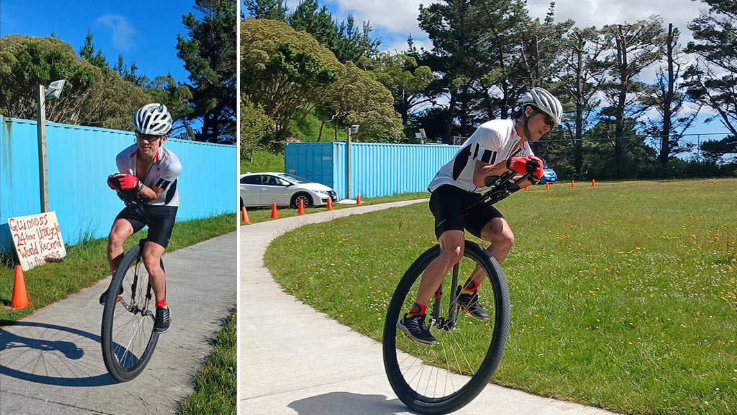 Two images of Ken Looi during his 24-hour unicyling record in 2025