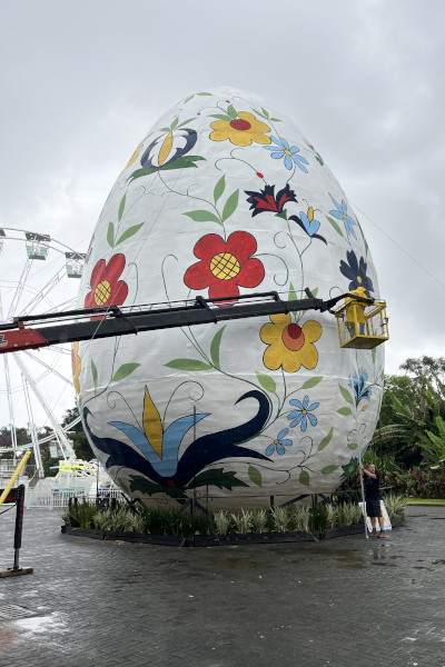A huge easter egg painted with flowers.  
