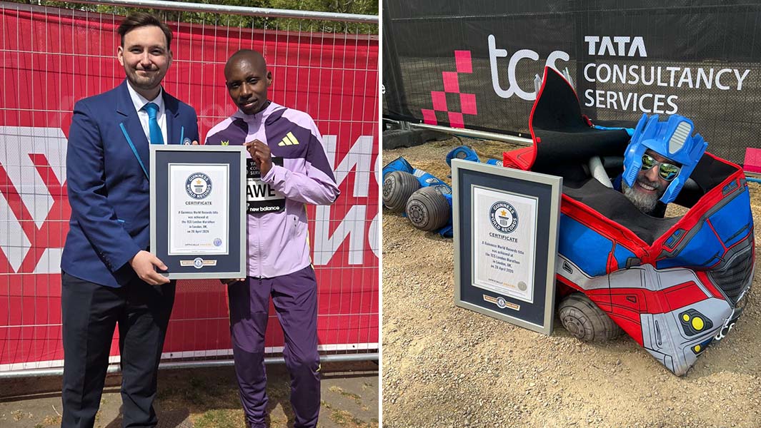 three split image of sabastian sawe and a runner dressed as optimus prime lying on his stomach besides a guinness world records certificate