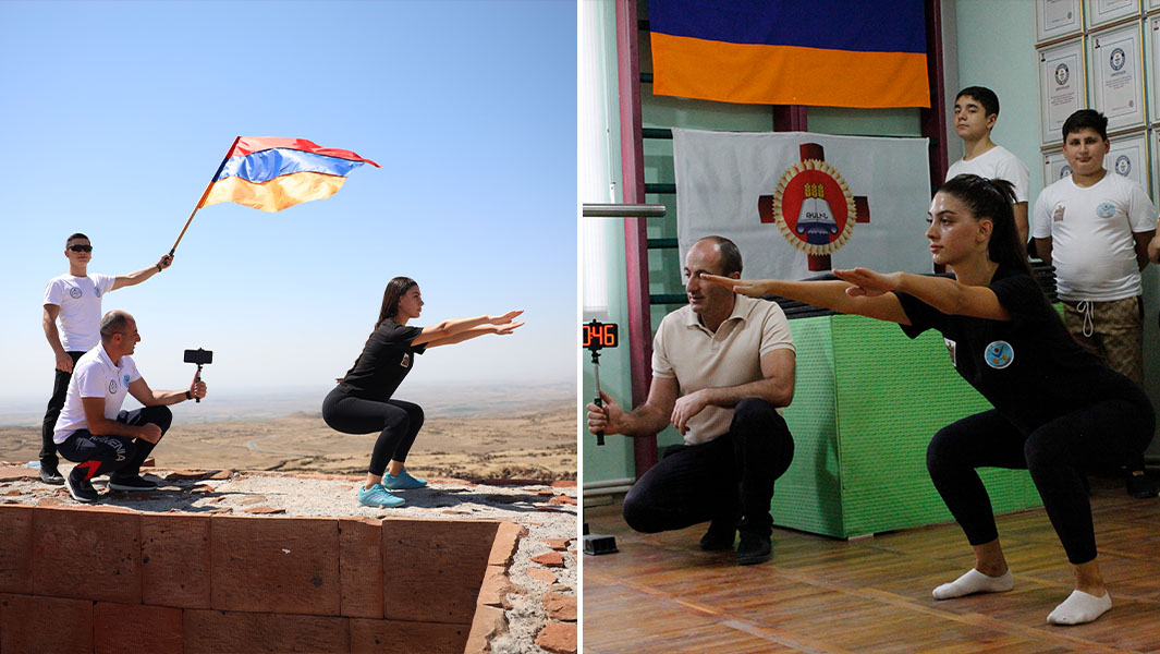 split image of Mari doing squats