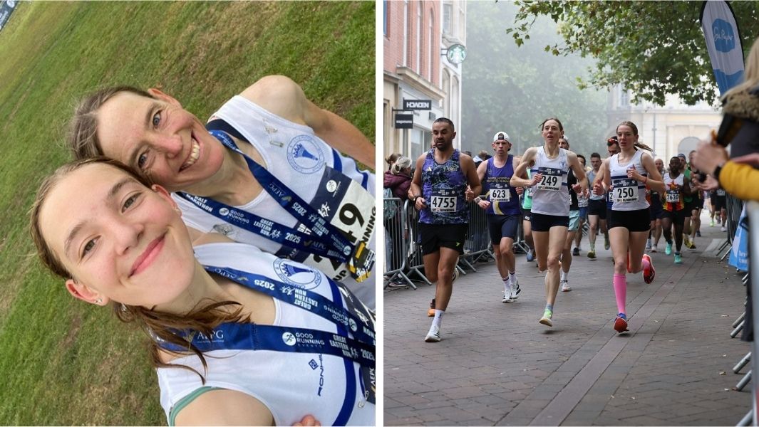 Split image of a mother and daughter selfie; during the run