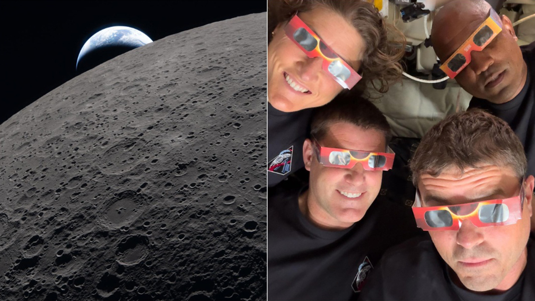 Split image of the moon and NASA's Artemis crew